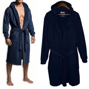 DUDE ROBE Robe Mens L/XL Navy Hooded Terry Cloth Belted Pockets Lounge Bathrobe